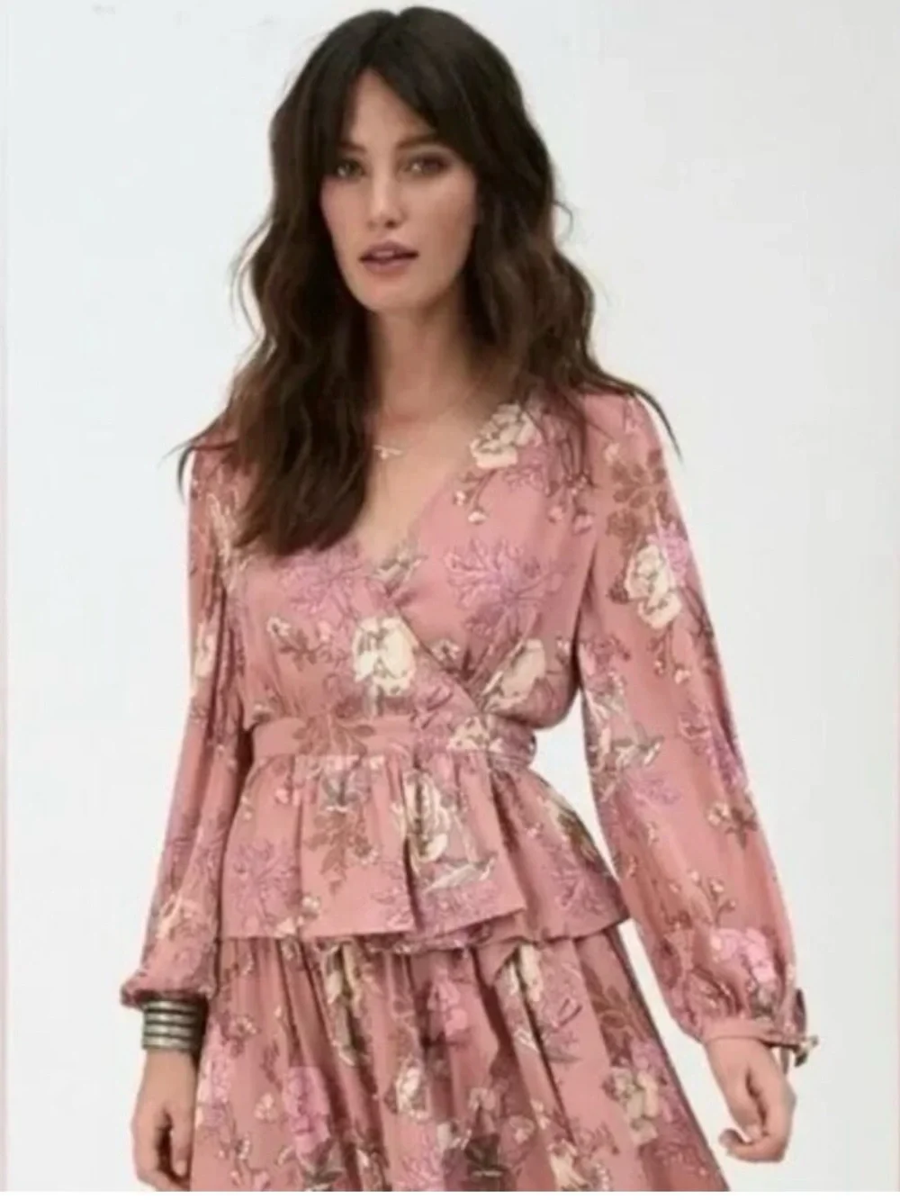 SPELL & THE GYPSY Rosa Wrap Blouse Top Pink Floral Boho Size M Long Sleeve